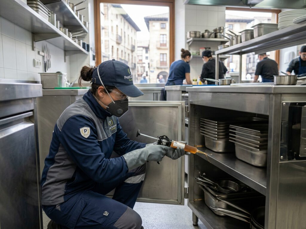 Técnica de desinsectación aplicando tratamiento profesional contra cucarachas en cocina comercial de restaurante en Durango