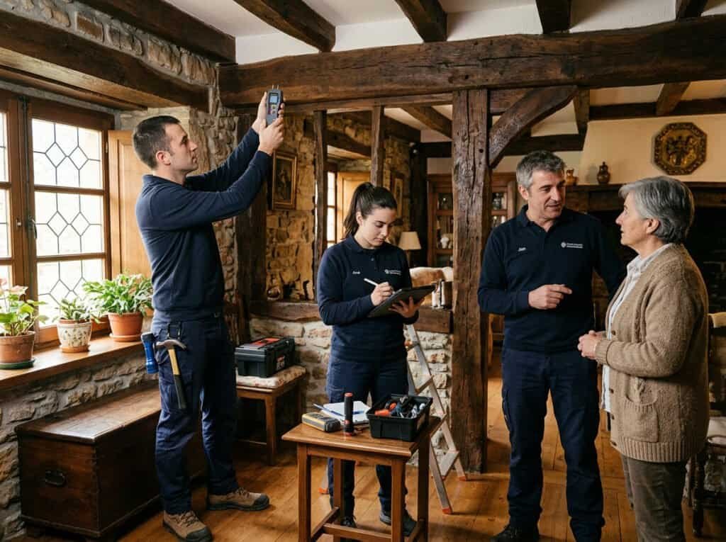 Equipo de técnicos realizando inspección de termitas en vigas de madera de edificio histórico en el barrio de Tabira, Durango