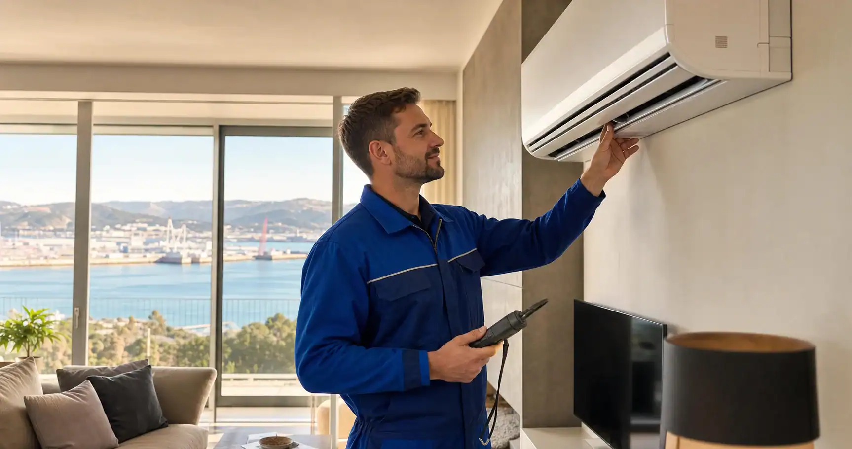 Técnico de Limpiezas LOX inspeccionando equipo de aire acondicionado limpio en un piso de Portugalete — servicio certificado RITE