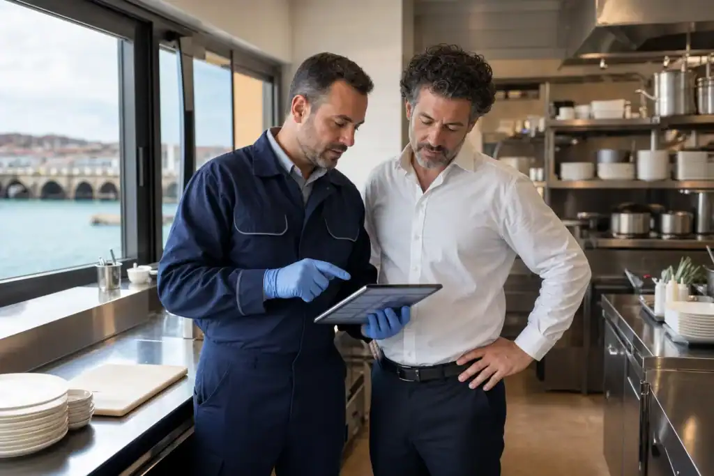 Técnico de plagas revisando el plan de control documentado con el responsable de un restaurante en Getxo