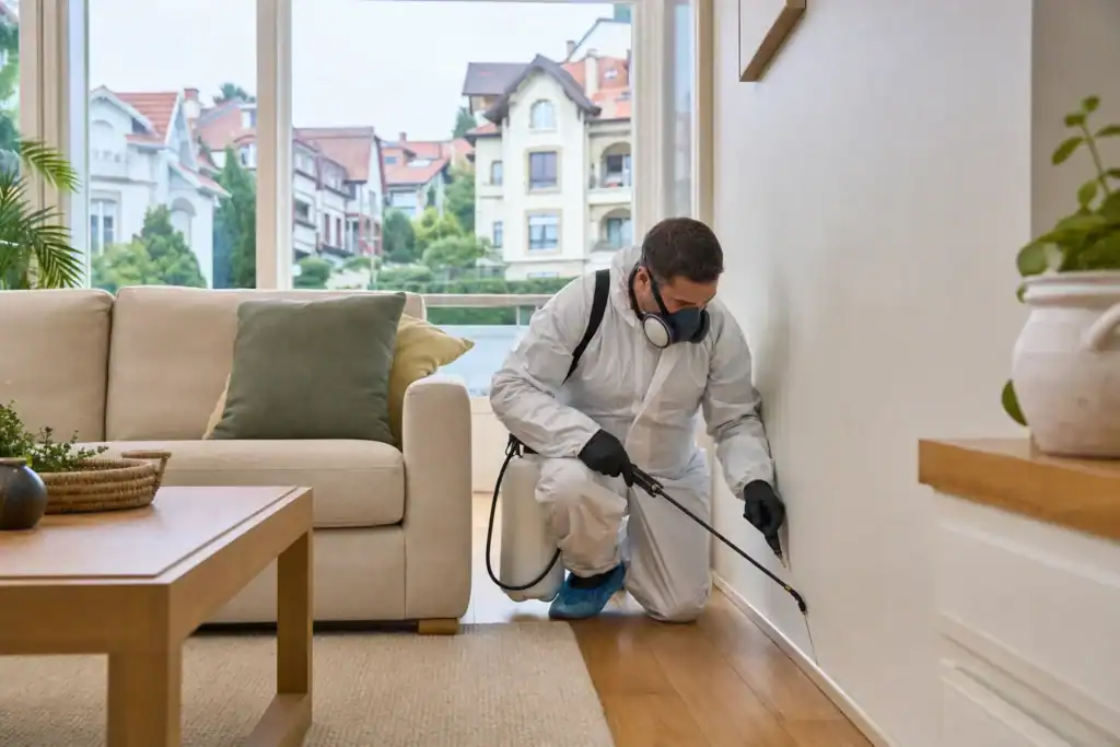 Especialista aplicando tratamiento ecológico de control de plagas en una vivienda de Getxo con garantía por escrito