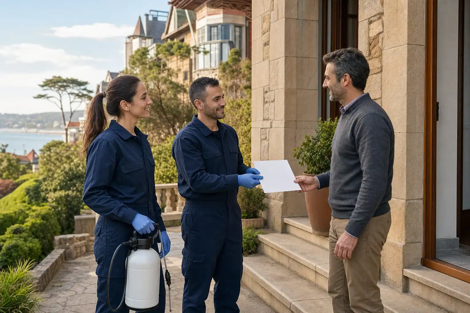 Técnicos de control de plagas entregando certificado de garantía a propietario en edificio residencial de Getxo