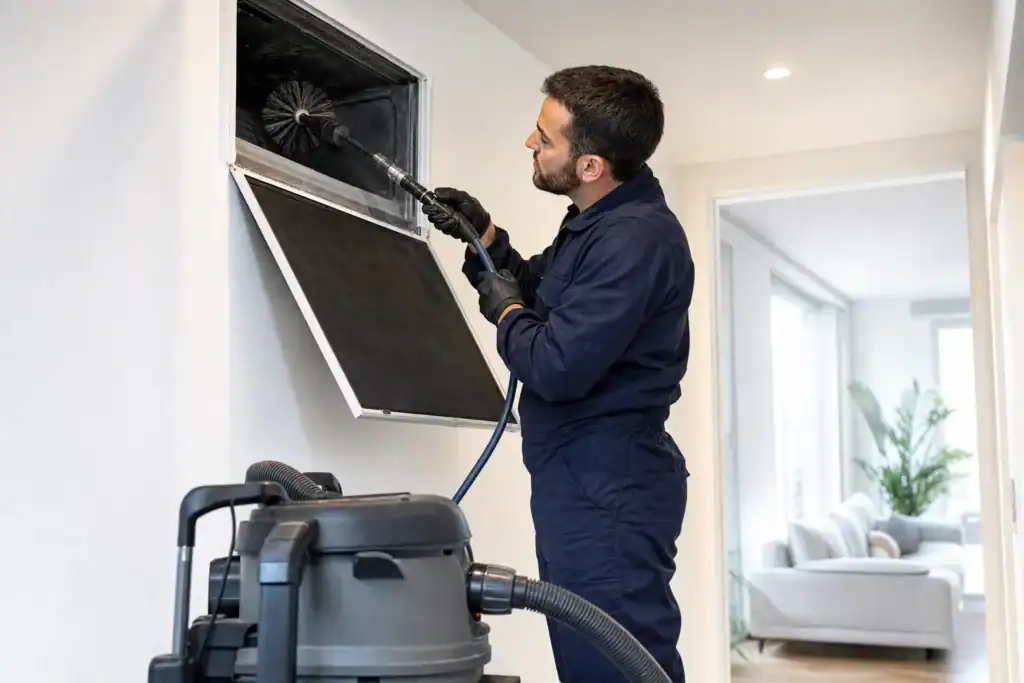 Técnico limpiando conductos de aire acondicionado con equipo de vacío profesional en edificio residencial de Galdakao