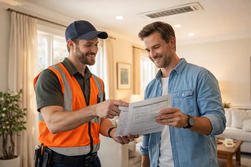 Limpieza de Aire Acondicionado y Conductos en Sestao: técnico entregando certificado de limpieza al cliente en vivienda de Sestao