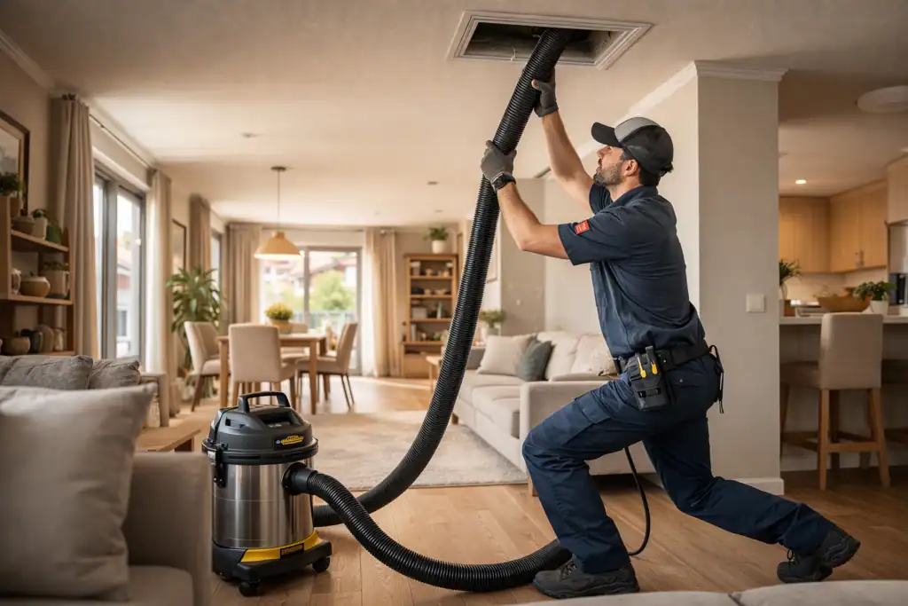 Limpieza de Aire Acondicionado y Conductos en Sestao: técnico con equipo de aspiración industrial limpiando conductos de AC en vivienda
