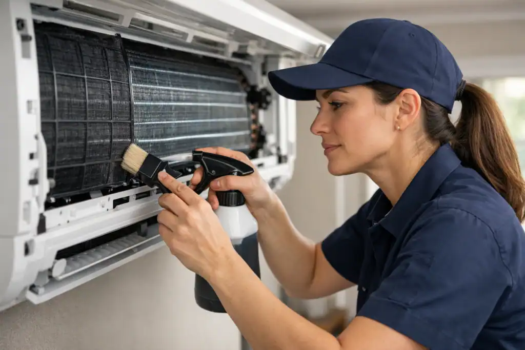 Limpieza de Aire Acondicionado y Conductos en Sestao: técnica higienizando filtros y serpentín del sistema de climatización