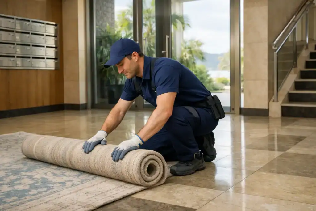 Limpieza de Alfombras y Moquetas en Leioa: técnico recogiendo una alfombra en el portal de un edificio