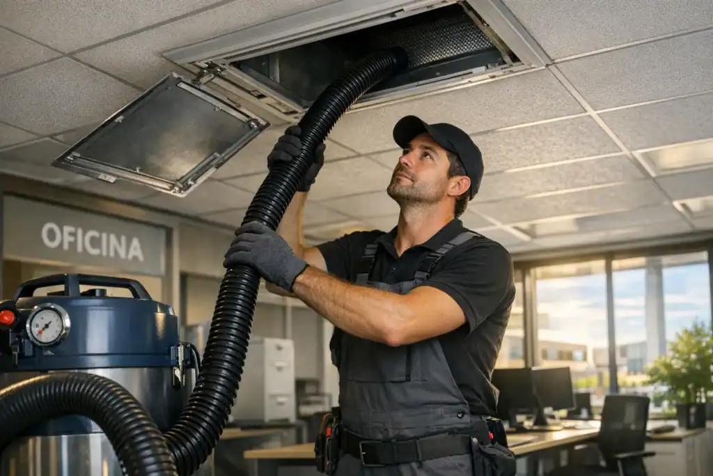 Limpieza de Aire Acondicionado y Conductos en Durango: técnico higienizando conductos en oficina del polígono de Landako