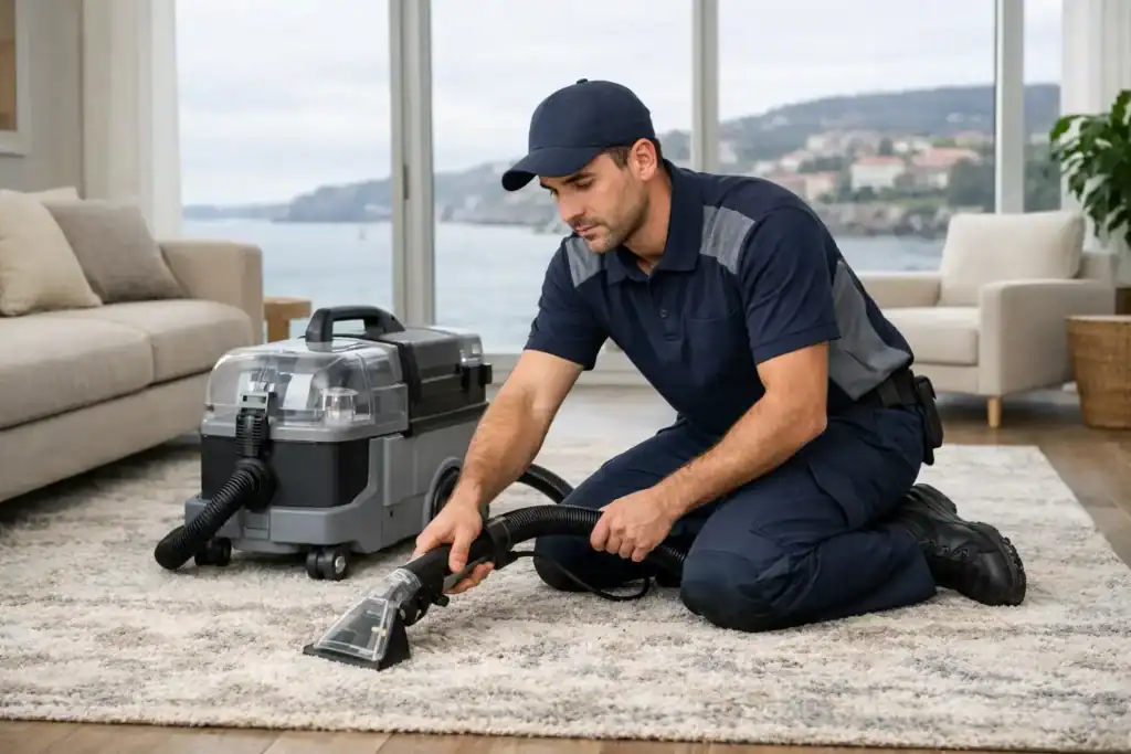 Limpieza de Alfombras y Moquetas en Getxo: técnico tratando una alfombra a domicilio