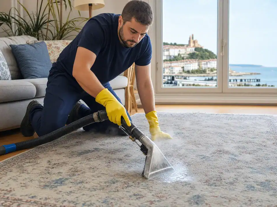 Limpieza de Alfombras y Moquetas en Santurtzi: técnico limpiando una alfombra in situ sin moverla del salón