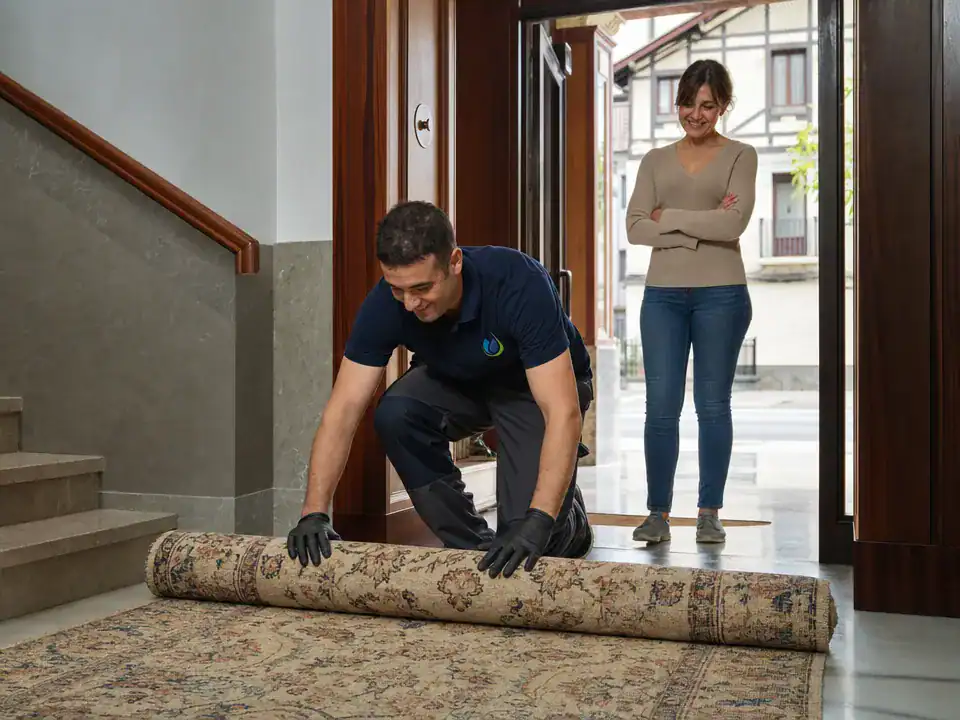 Limpieza de Alfombras y Moquetas en Galdakao: técnico recogiendo una alfombra a domicilio