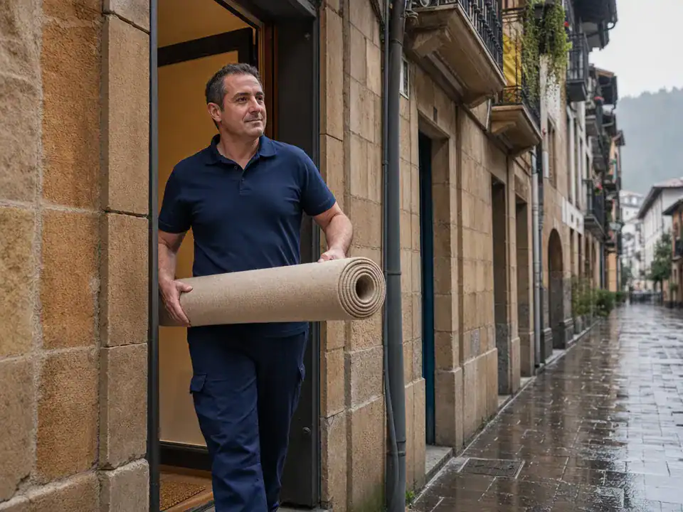 Limpieza de Alfombras y Moquetas en Durango: técnico recogiendo una alfombra en un portal del casco histórico