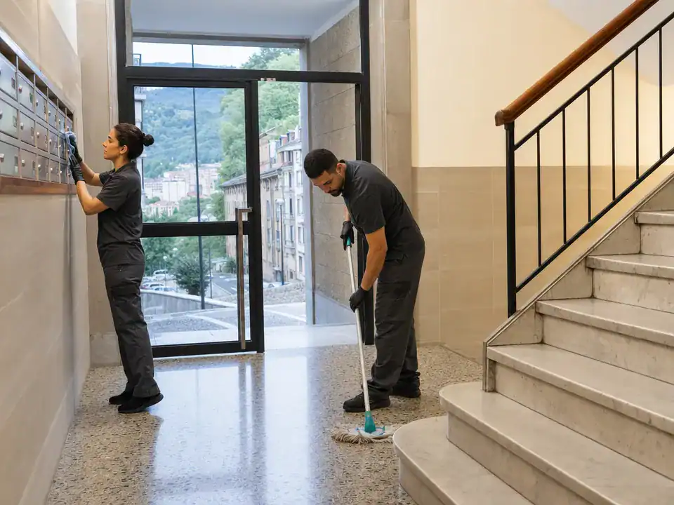 Limpieza de comunidades de propietarios en Bilbao: equipo de limpieza trabajando en el portal de un edificio