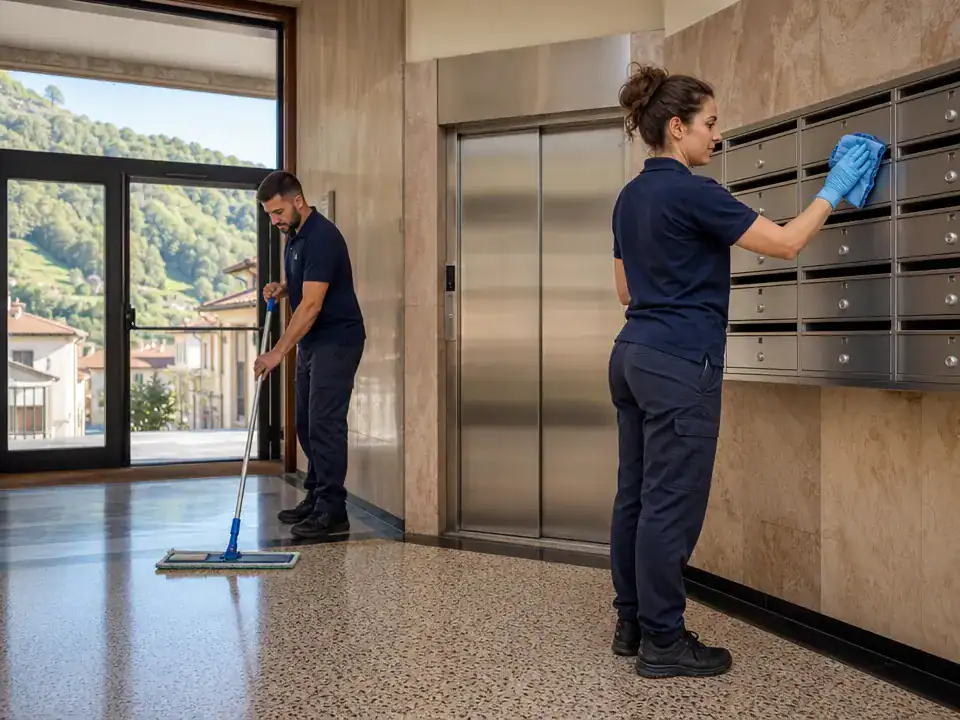 Limpieza de comunidades de propietarios en Galdakao: equipo de limpieza trabajando en el portal de un edificio