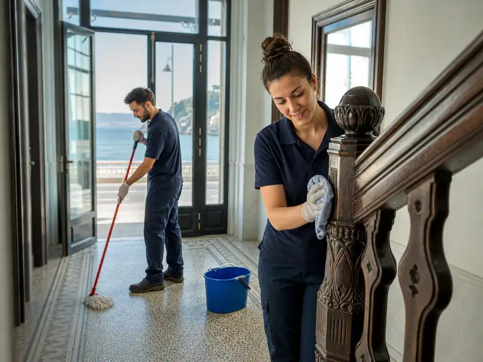 Limpieza de comunidades de propietarios en Getxo: equipo de limpieza trabajando en el portal de un edificio