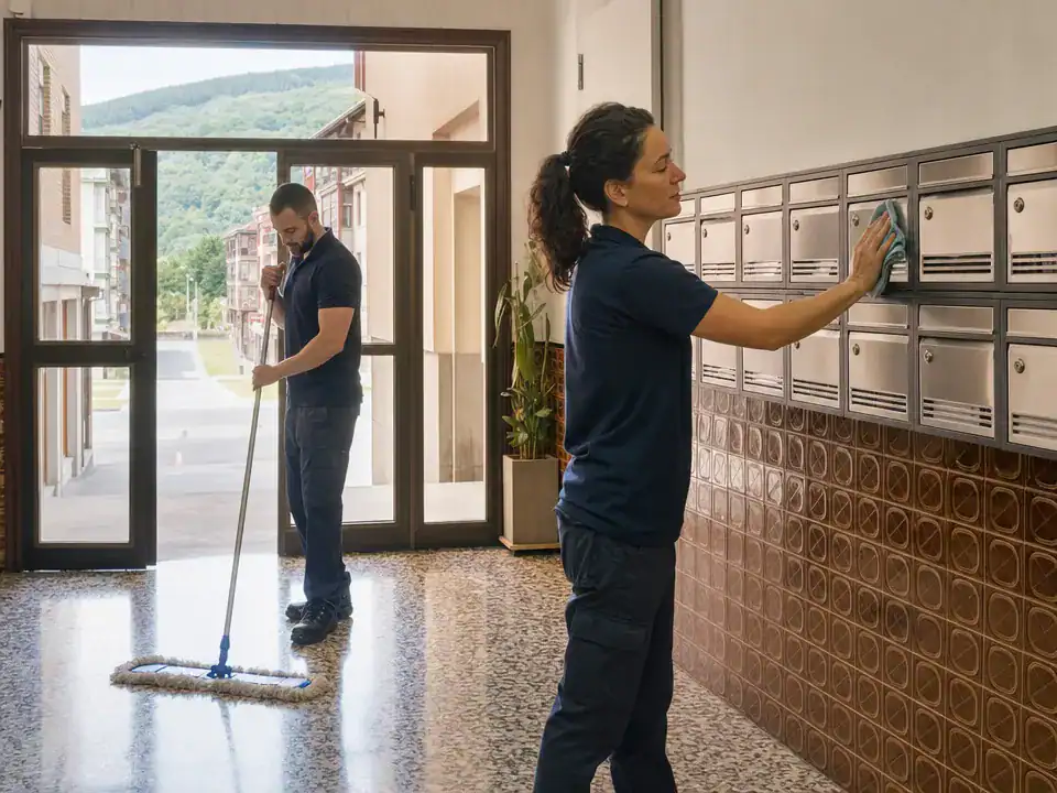 Limpieza de comunidades de propietarios en Leioa: equipo de limpieza trabajando en el portal de un edificio