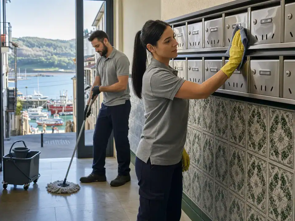 Limpieza de comunidades de propietarios en Santurtzi: equipo de limpieza trabajando en el portal de un edificio