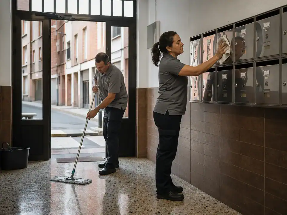 Limpieza de comunidades de propietarios en Sestao: equipo de limpieza trabajando en el portal de un edificio