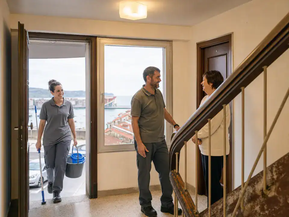 Limpieza de comunidades de propietarios en Santurtzi: operaria fija saludando a una vecina en el portal