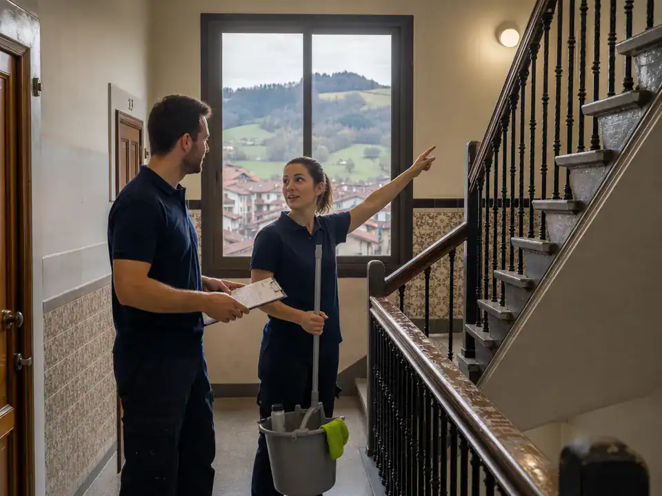 Limpieza de comunidades de propietarios en Leioa: relevo de operarios en el rellano de la escalera