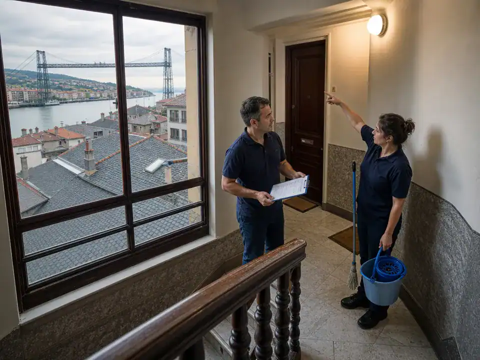 Limpieza de comunidades de propietarios en Portugalete: relevo de dos operarios en el rellano de la escalera