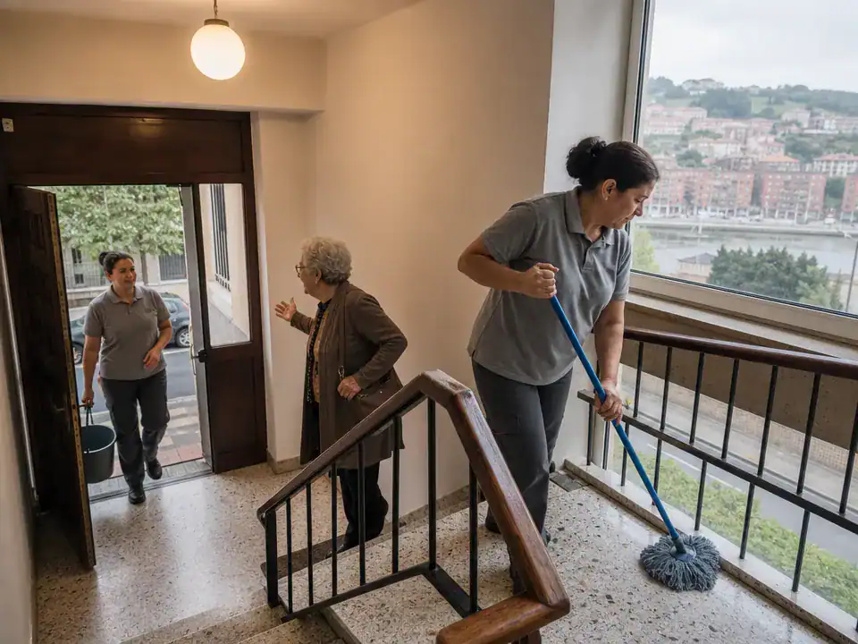 Limpieza de comunidades de propietarios en Sestao: operario fijo y su relevo en la escalera del edificio