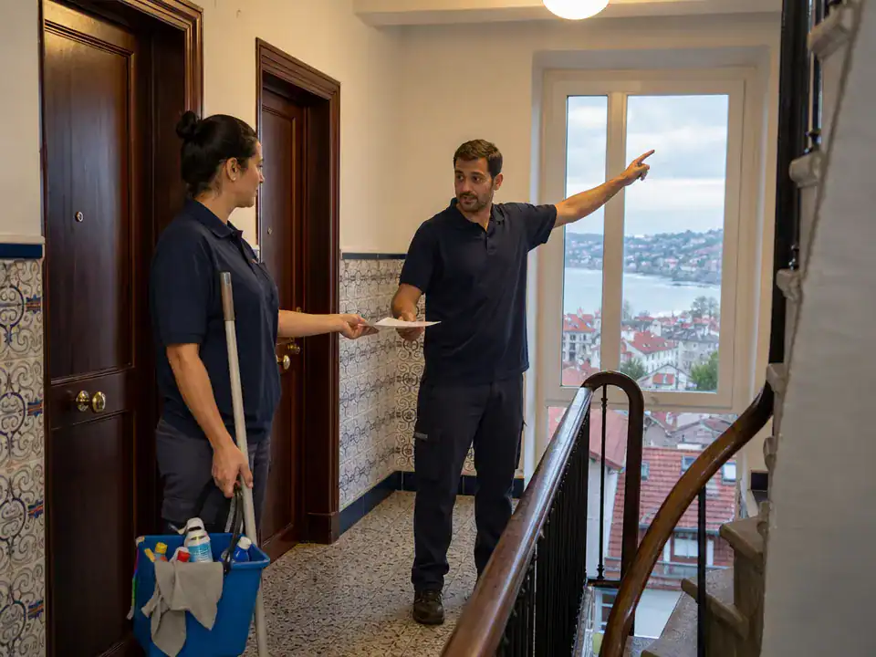 Limpieza de comunidades de propietarios en Getxo: operario y sustituta en el rellano de la escalera