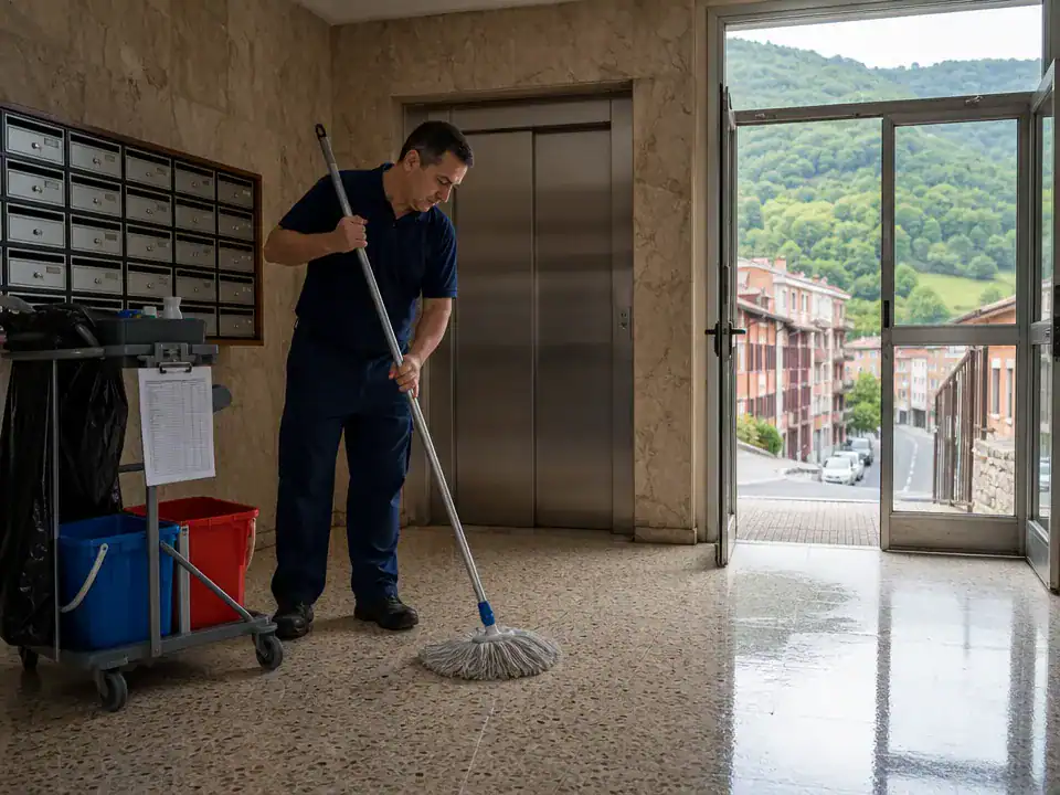 Limpieza de comunidades de propietarios en Galdakao: operario fregando el portal junto al ascensor