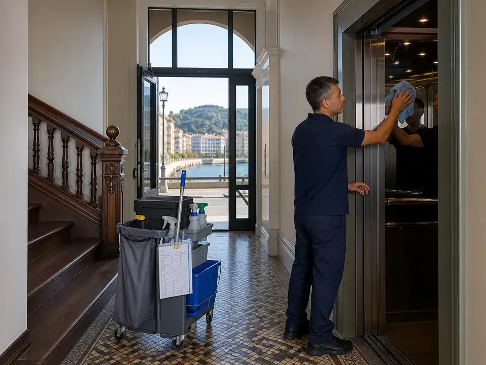 Limpieza de comunidades de propietarios en Getxo: operario limpiando el ascensor del portal