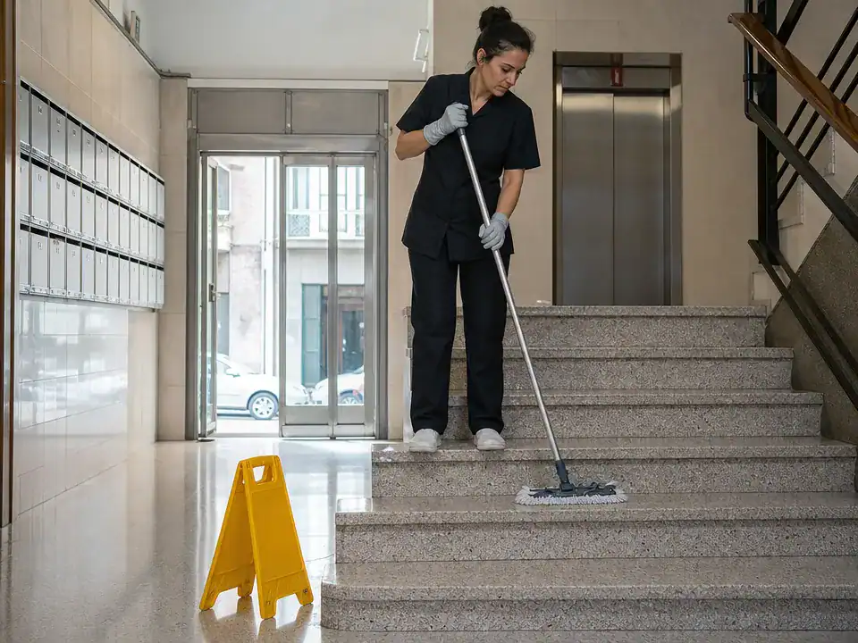 Limpieza de comunidades en Barakaldo: operario fregando las escaleras y el portal de un bloque de vecinos