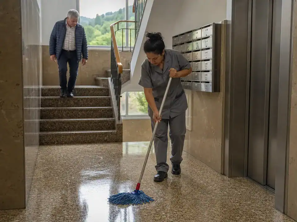 Limpieza de comunidades en Basauri: operaria fregando el rellano y las escaleras de un bloque de vecinos