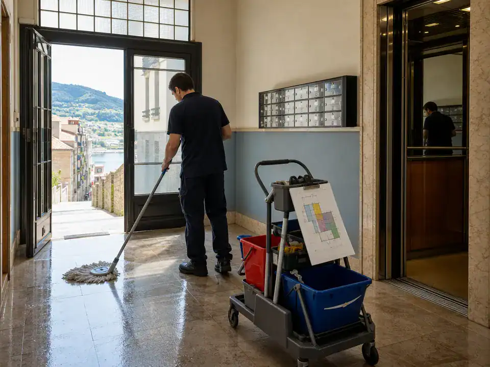 Limpieza de comunidades de propietarios en Portugalete: operario fregando el portal de un edificio de vecinos