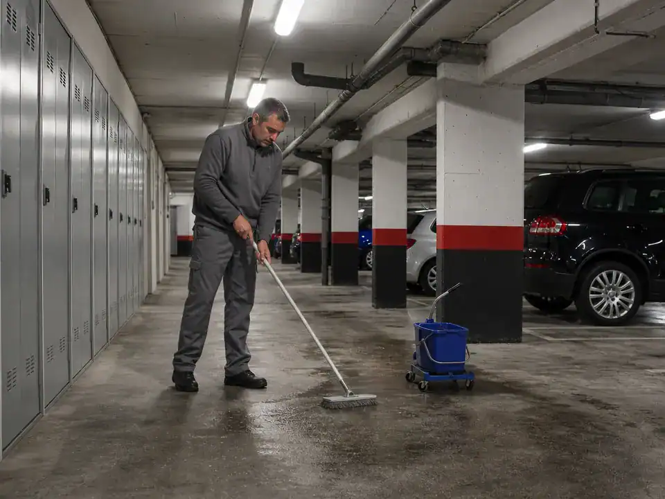 Limpieza de comunidades de propietarios en Sestao: operario limpiando el garaje comunitario del edificio