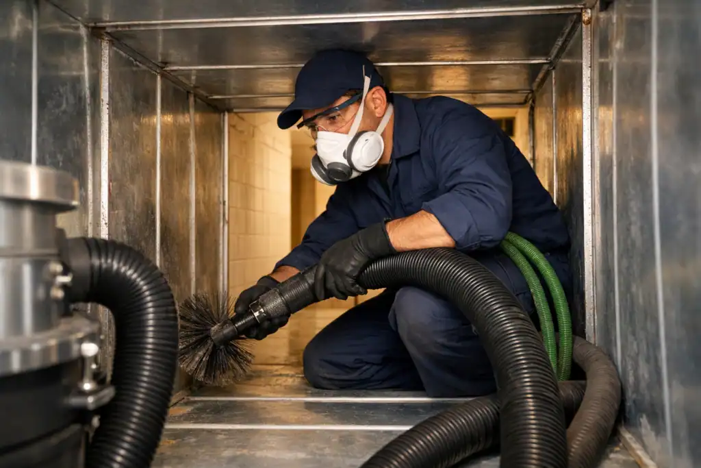 Técnico limpiando conductos de aire acondicionado en edificio residencial de Basauri con aspiración industrial