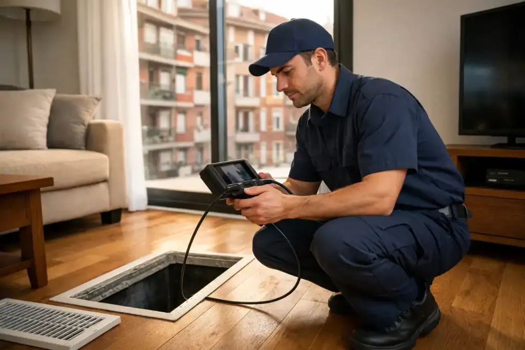 Limpieza de Aire Acondicionado y Conductos en Leioa: técnico inspeccionando conducto en piso de Larrondo