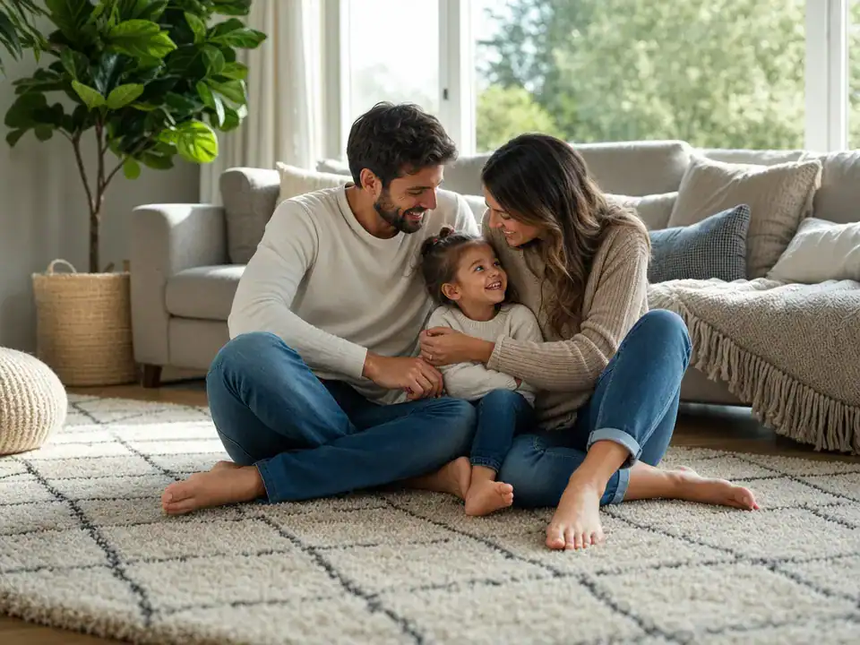 Limpieza de Alfombras y Moquetas en Galdakao: familia disfrutando de una moqueta limpia y desinfectada