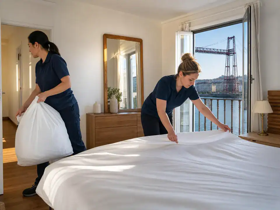 Limpieza de pisos turísticos en Portugalete: equipo preparando el piso antes del siguiente check-in