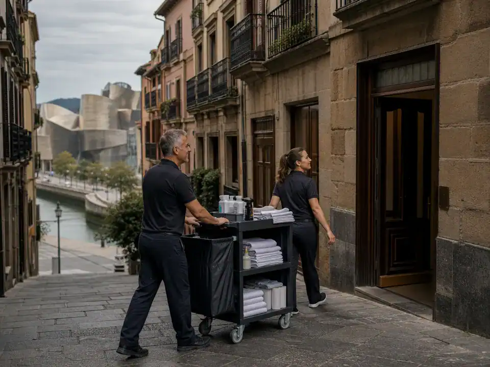 Limpieza de pisos turísticos en Bilbao: equipo llegando a un piso del Casco Viejo tras el check-out