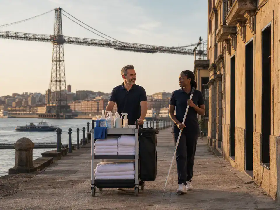 Limpieza de pisos turísticos en Portugalete: equipo llegando a un piso junto al Puente Colgante