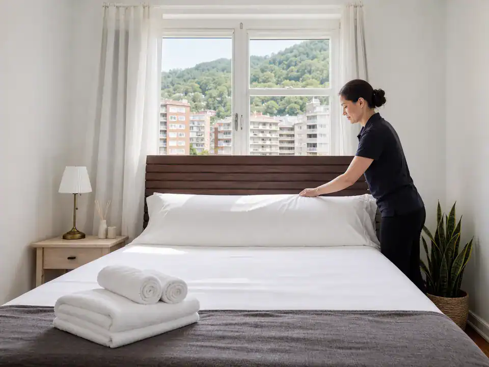 Limpieza de pisos turísticos en Barakaldo: profesional preparando la cama antes del siguiente check-in