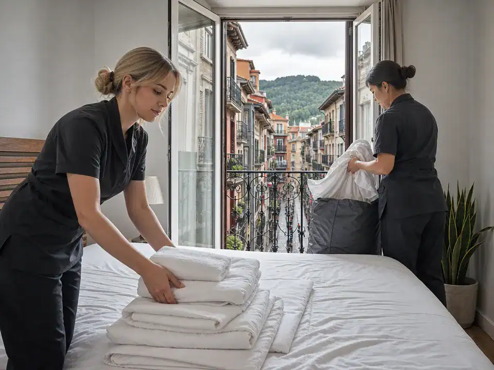 Limpieza de pisos turísticos en Bilbao: equipo cambiando la ropa de cama antes del siguiente check-in