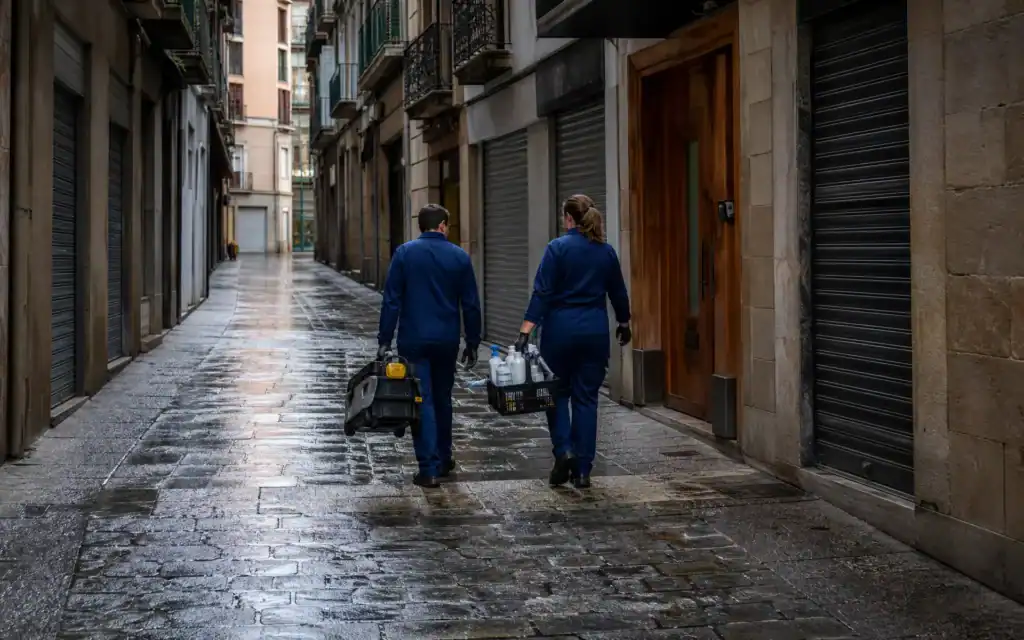 Limpieza de viviendas en Bilbao: operarios subiendo material a mano por una calle estrecha del Casco Viejo