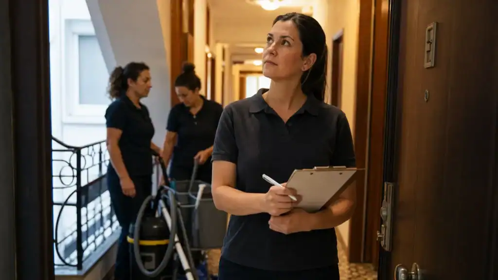 Limpieza de viviendas en Galdakao: responsable midiendo el piso en el rellano antes de empezar el trabajo