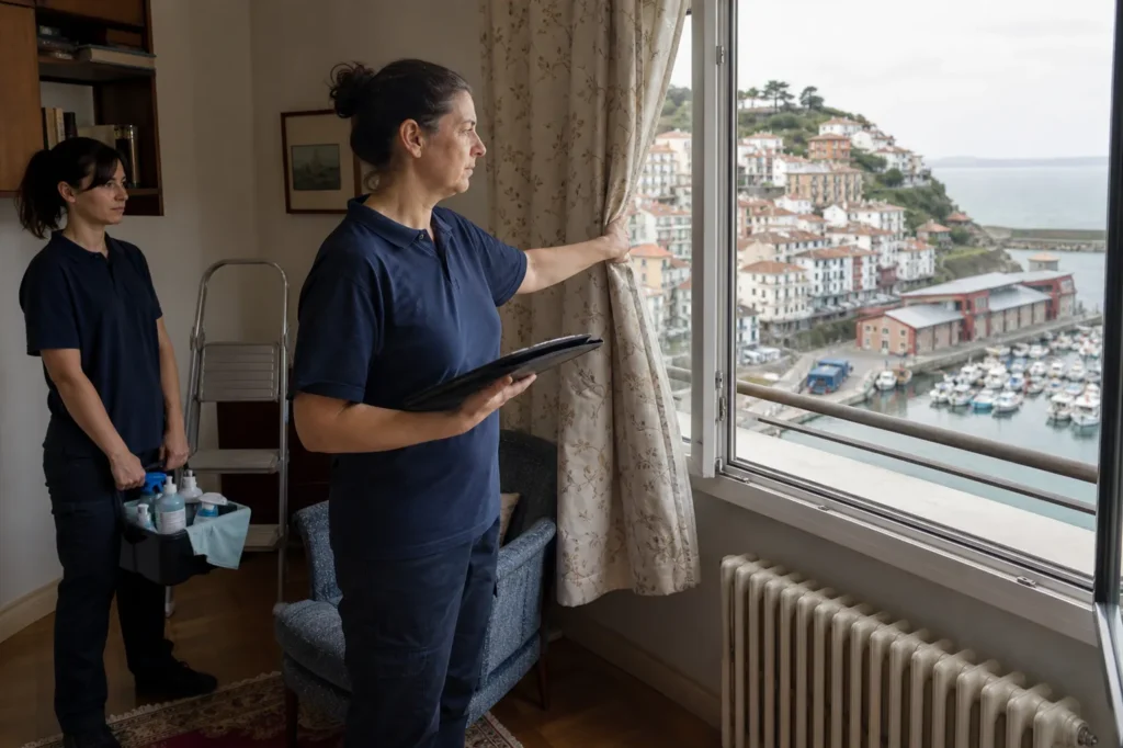 Limpieza de viviendas en Santurtzi: responsable comprobando las cortinas de un piso con vistas al puerto