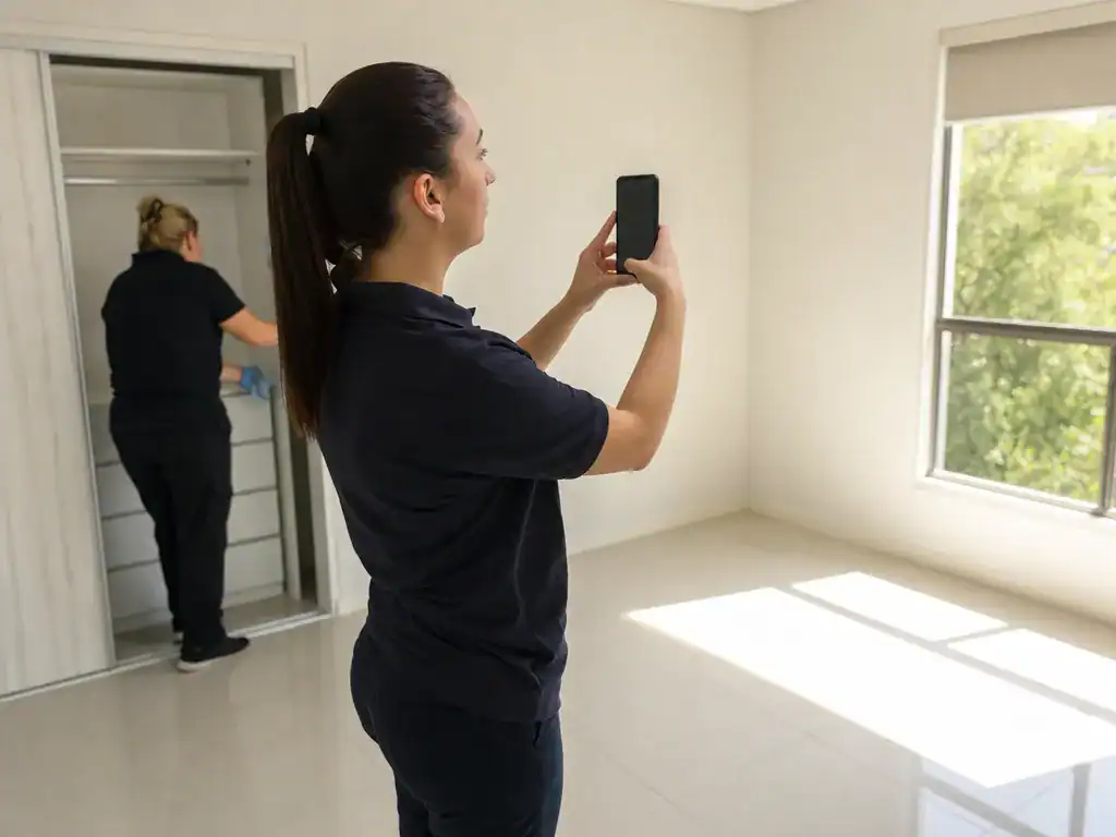 Limpieza de viviendas en Leioa: operaria fotografiando con el móvil el estado del piso ya limpio