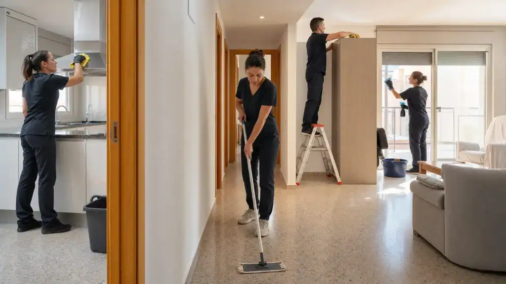 Limpieza de viviendas en Galdakao: cuatro operarios limpiando a la vez distintas estancias de un piso