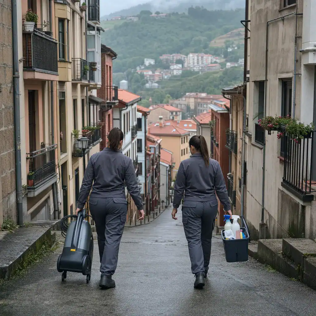 Limpieza de viviendas en Basauri: equipo subiendo maquinaria por una cuesta hasta un portal sin ascensor