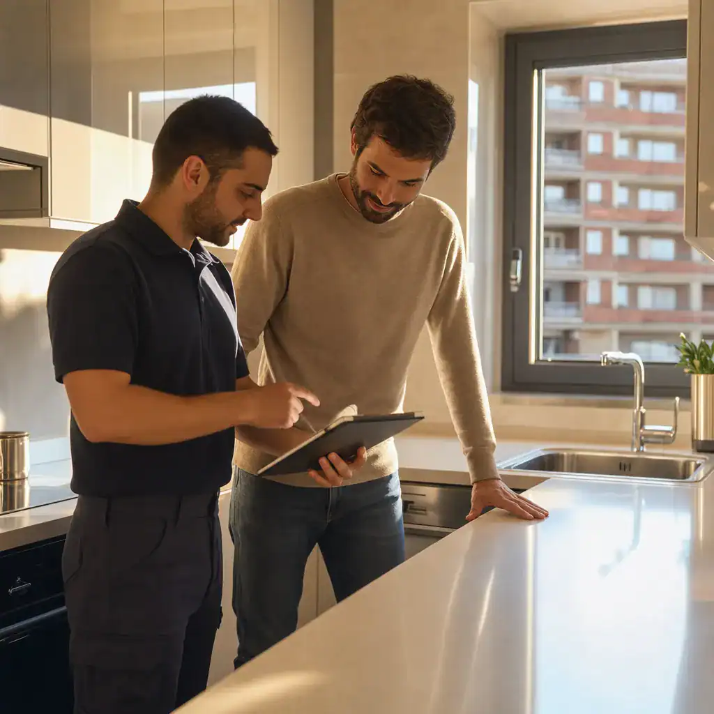 Limpieza de viviendas en Barakaldo: responsable revisando el checklist final con el cliente en la cocina