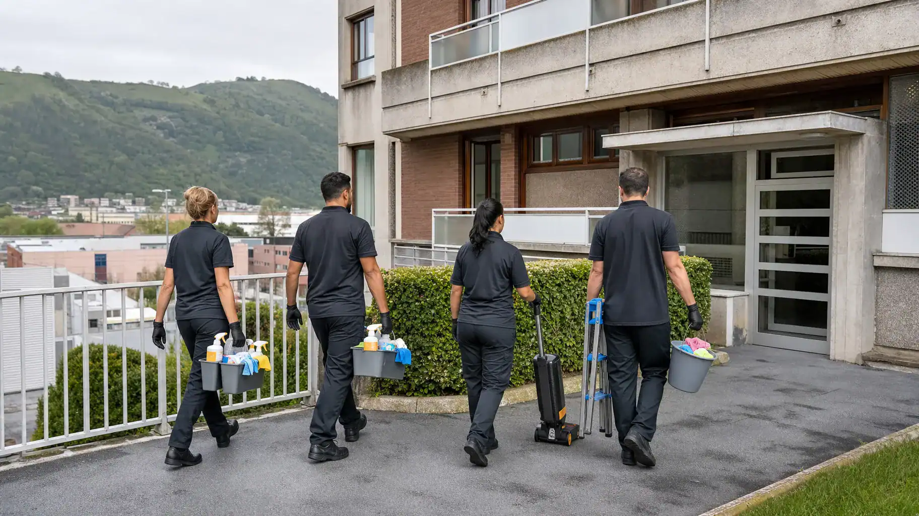 Limpieza de viviendas en Galdakao: equipo completo de limpieza llegando junto al portal de un bloque de pisos