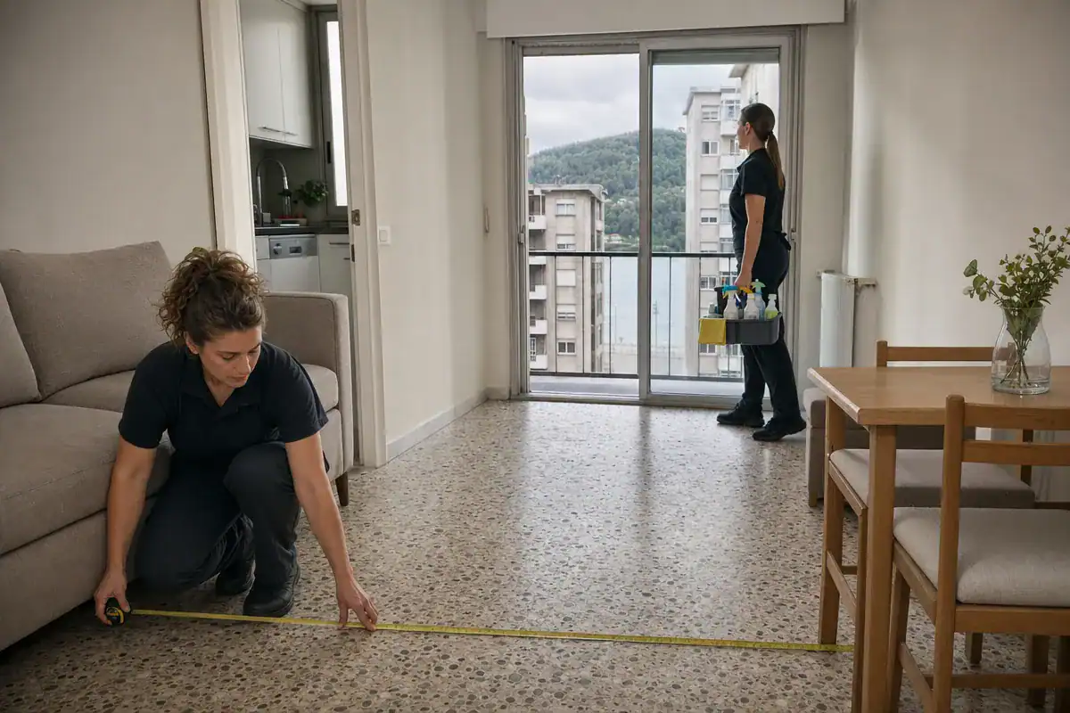 Limpieza de viviendas en Portugalete: operaria midiendo con cinta métrica el salón de un piso pequeño